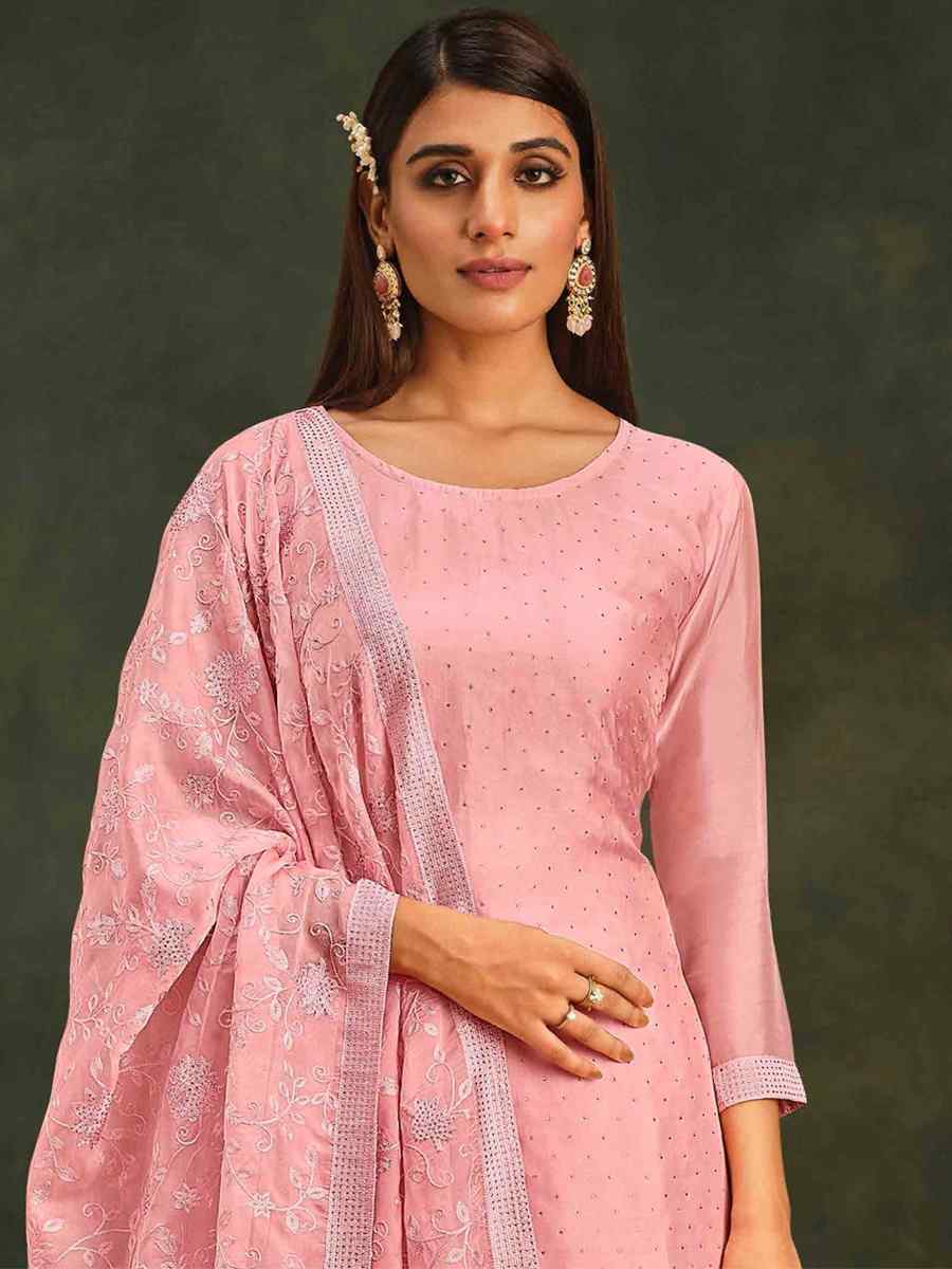 Pink Organza Embroidered Festival Party Pant Salwar Kameez