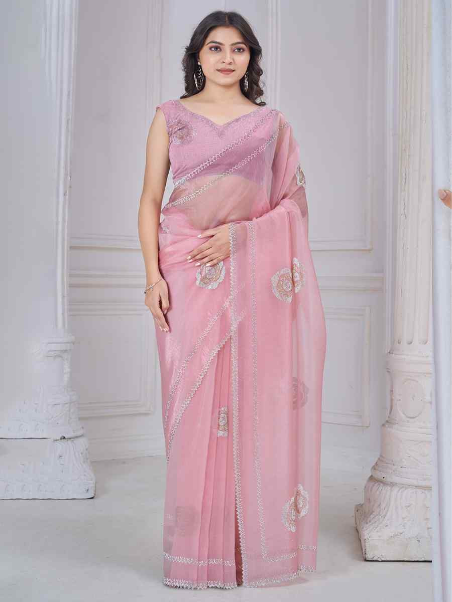 Pink Organza Embroidered Festival Wedding Fancy Casual Contemporary Saree