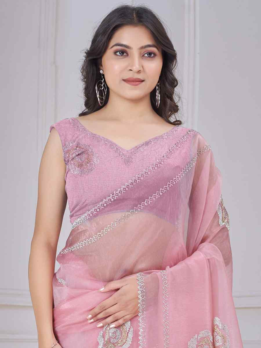 Pink Organza Embroidered Festival Wedding Fancy Casual Contemporary Saree