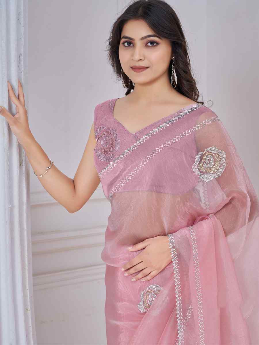 Pink Organza Embroidered Festival Wedding Fancy Casual Contemporary Saree