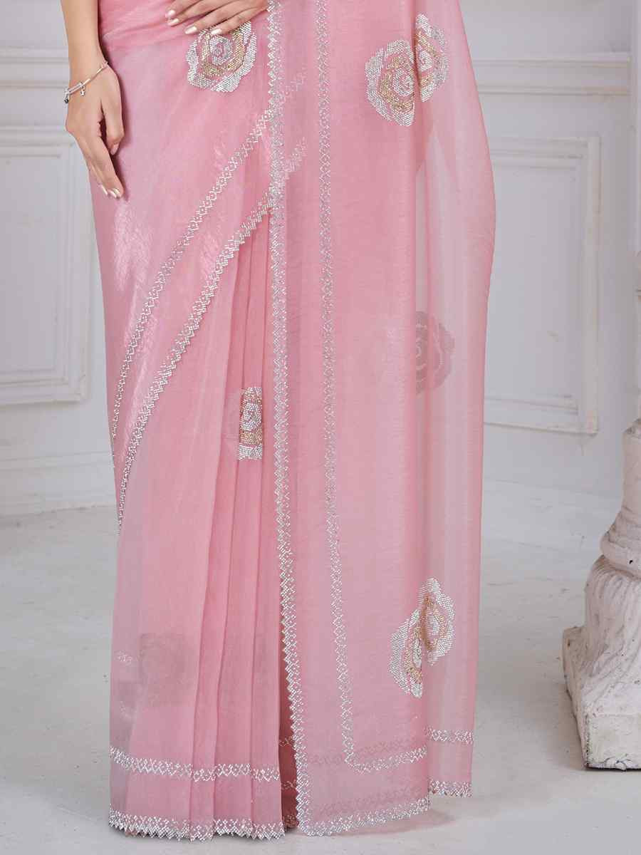 Pink Organza Embroidered Festival Wedding Fancy Casual Contemporary Saree