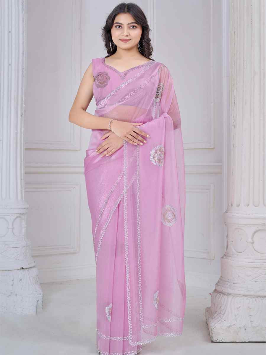 Pink Organza Embroidered Festival Wedding Fancy Casual Contemporary Saree