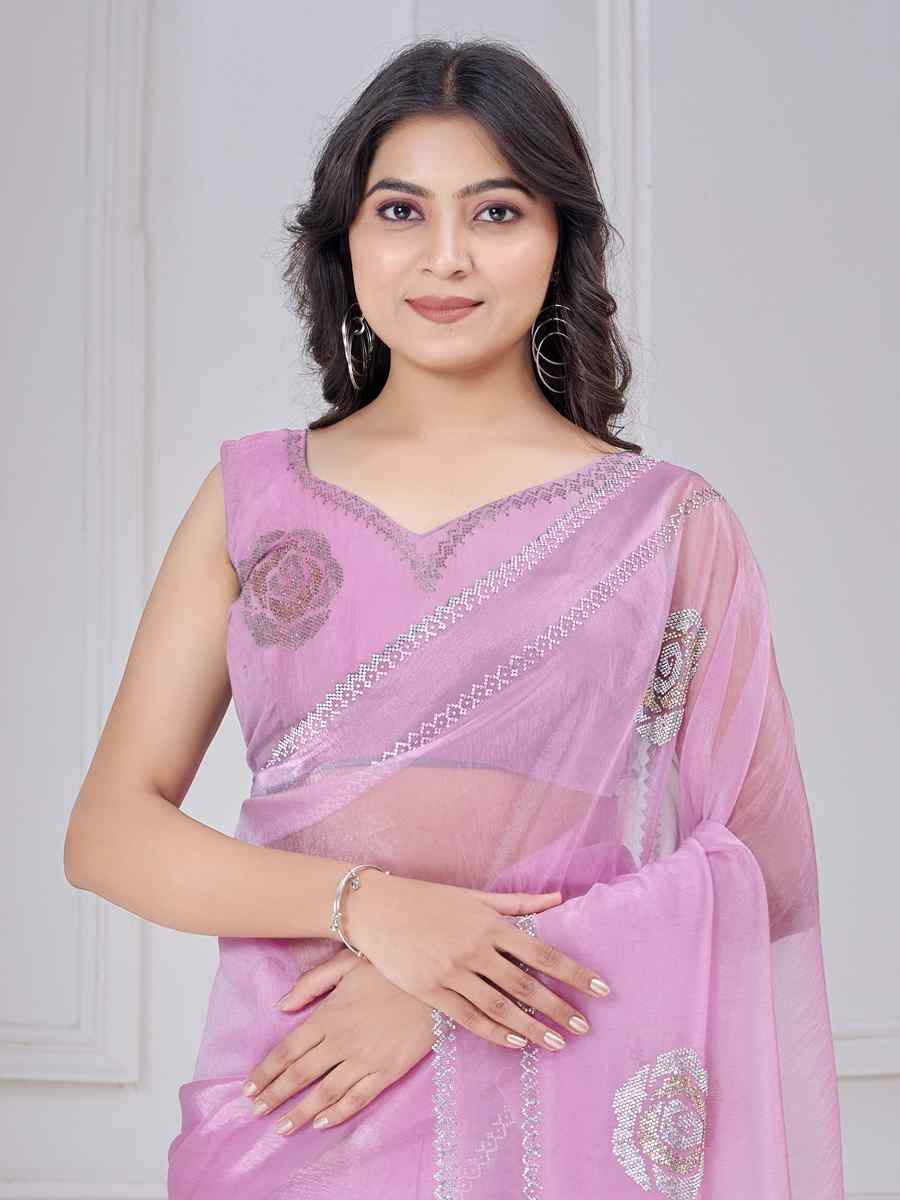 Pink Organza Embroidered Festival Wedding Fancy Casual Contemporary Saree
