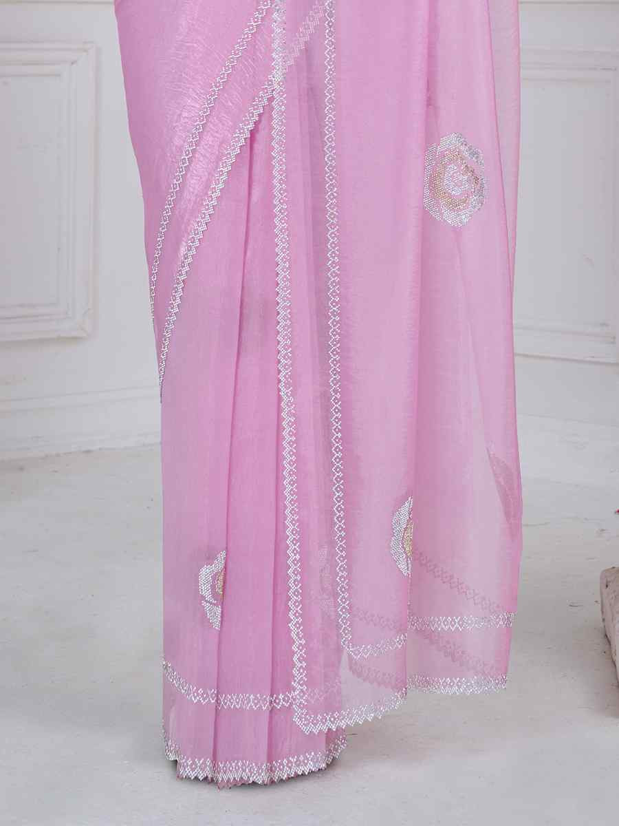 Pink Organza Embroidered Festival Wedding Fancy Casual Contemporary Saree