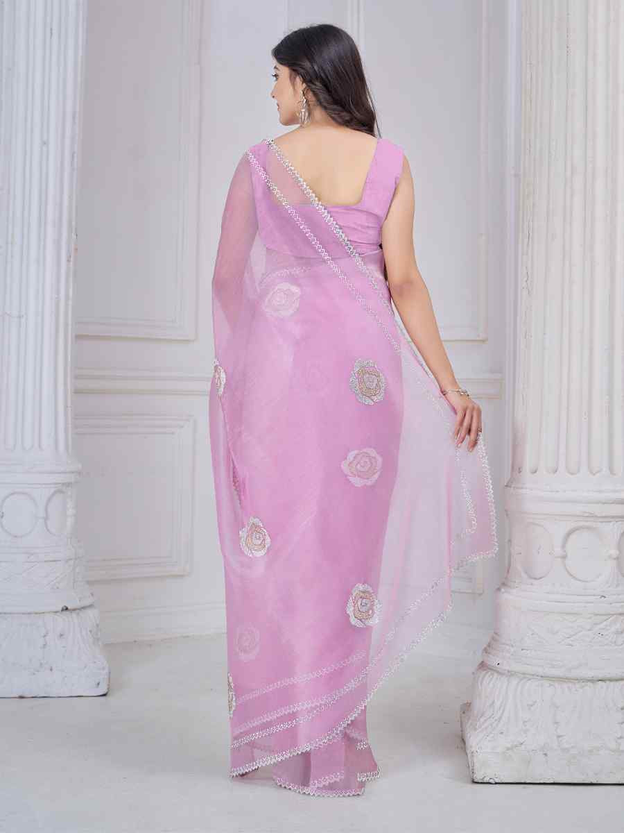 Pink Organza Embroidered Festival Wedding Fancy Casual Contemporary Saree