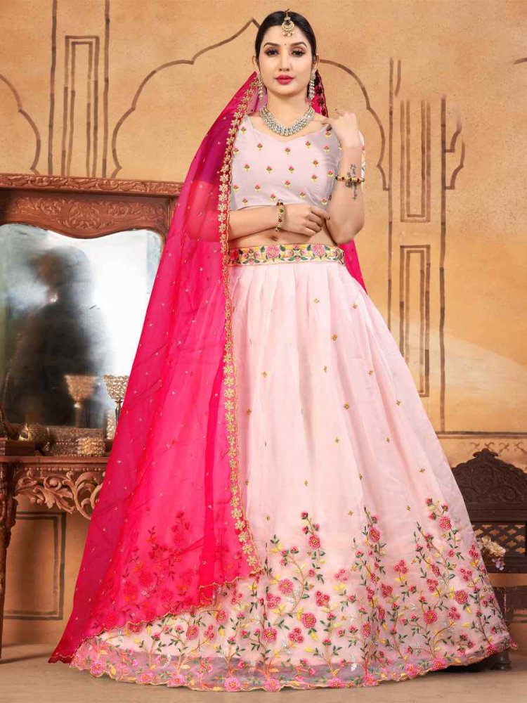 Pink Organza Embroidered Festival Wedding Heavy Border Lehenga Choli