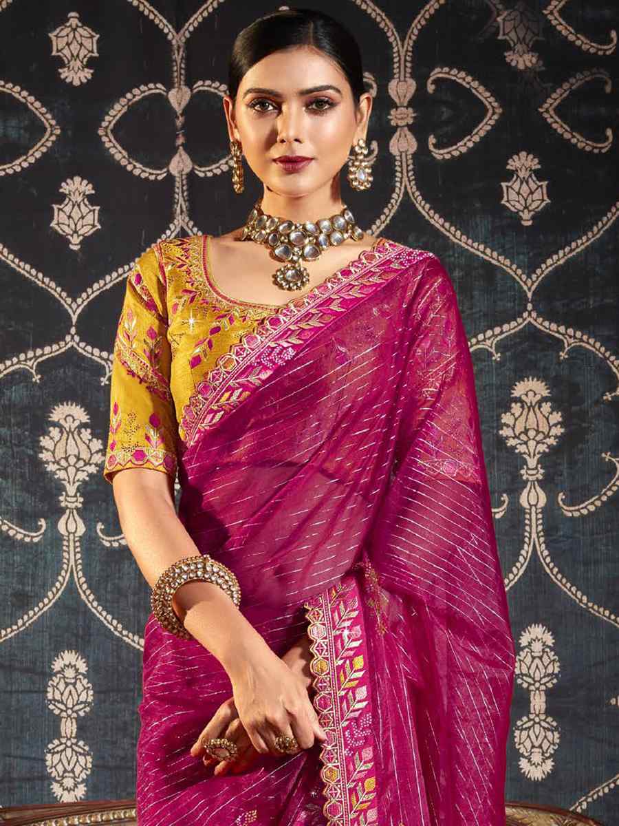 Pink Organza Embroidered Party Festival Classic Style Saree
