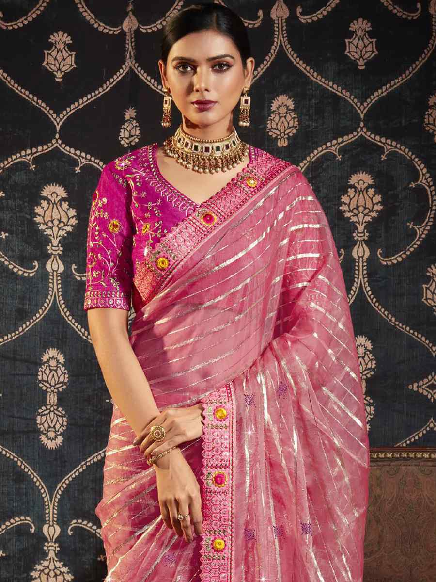 Pink Organza Embroidered Party Festival Classic Style Saree