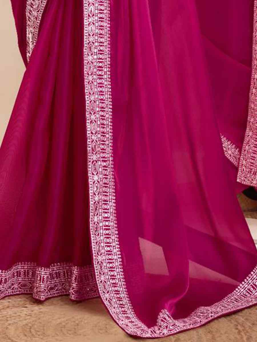 Pink Organza Embroidered Party Wedding Heavy Border Saree
