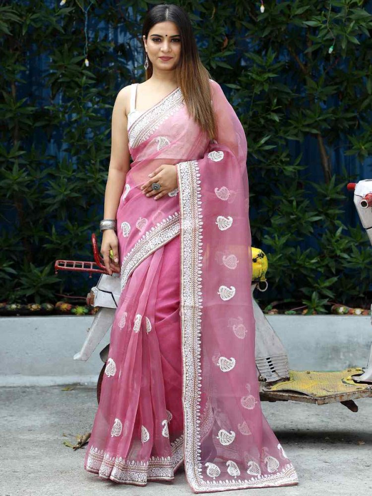 Pink Organza Embroidered Reception Party Heavy Border Saree