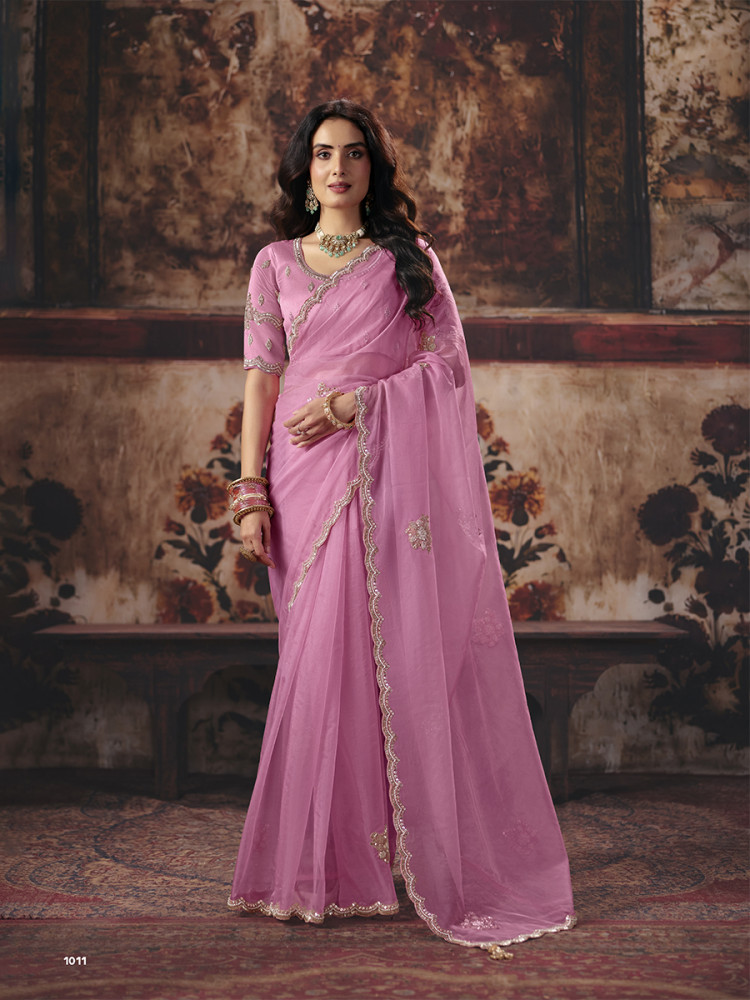 Image of Pink Organza Embroidery Sequins Zari Wedding Reception Party Festival Casual Heavy Border Sarees