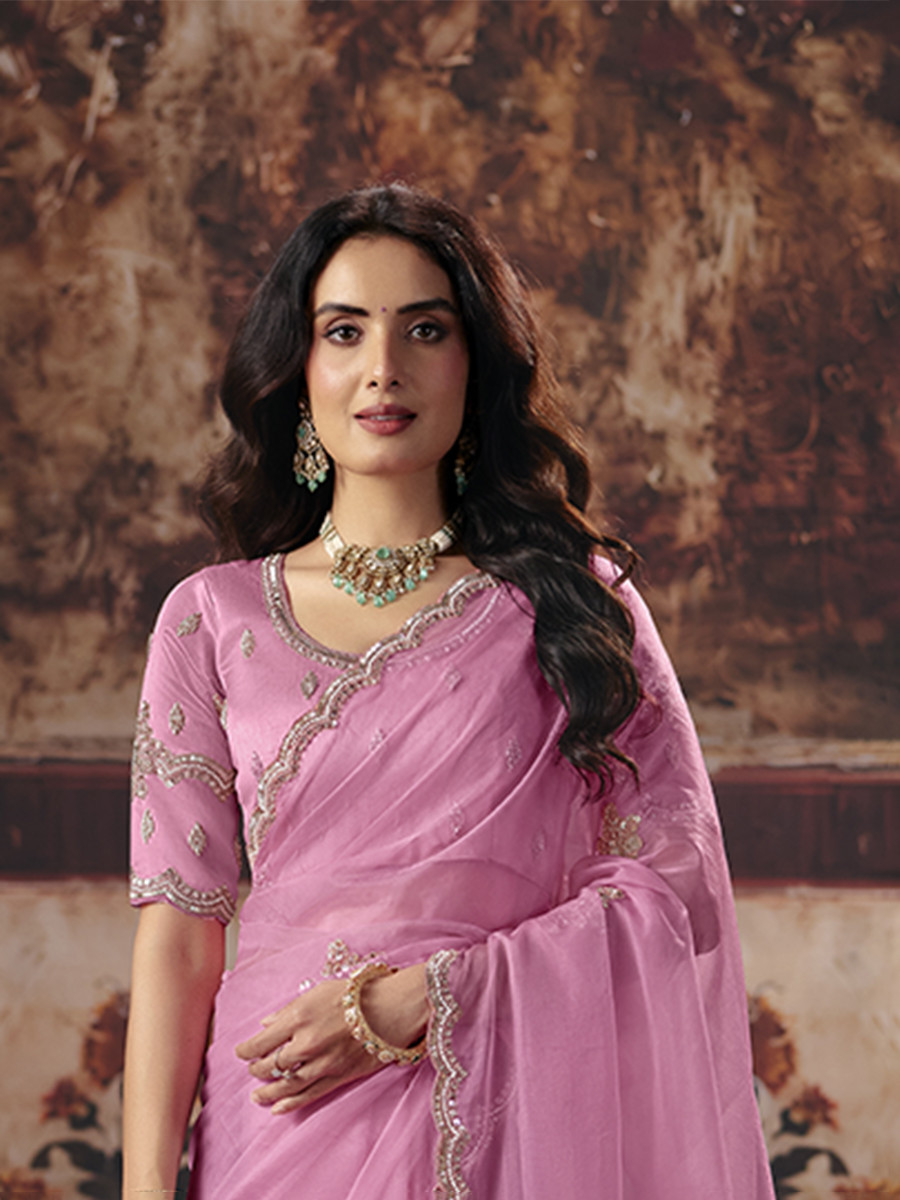 Pink Organza Embroidery Sequins Zari Wedding Reception Party Festival Casual Heavy Border Sarees