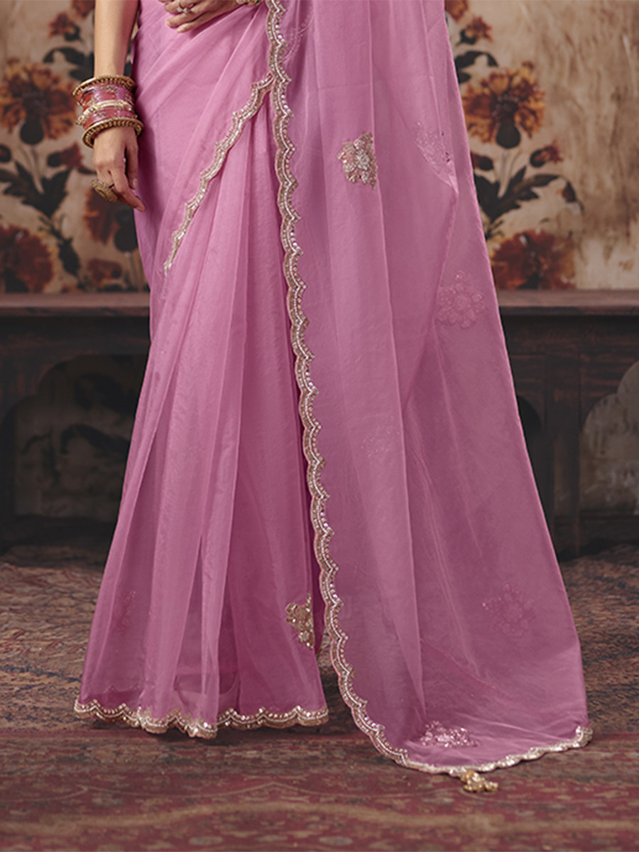 Pink Organza Embroidery Sequins Zari Wedding Reception Party Festival Casual Heavy Border Sarees