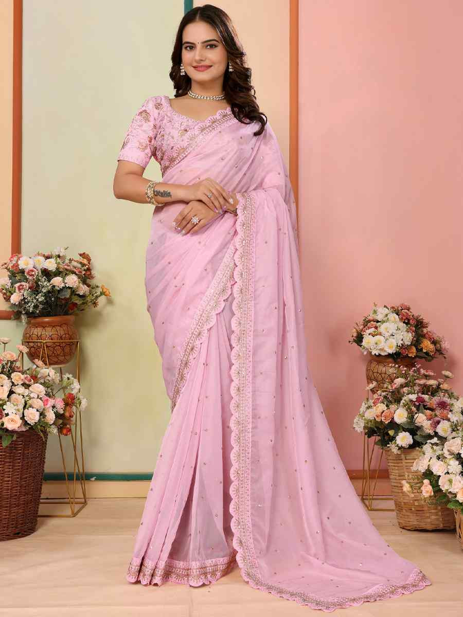 Pink Organza Embroidery Traditional Festival Reception Festival Wedding Fancy Heavy Border Saree