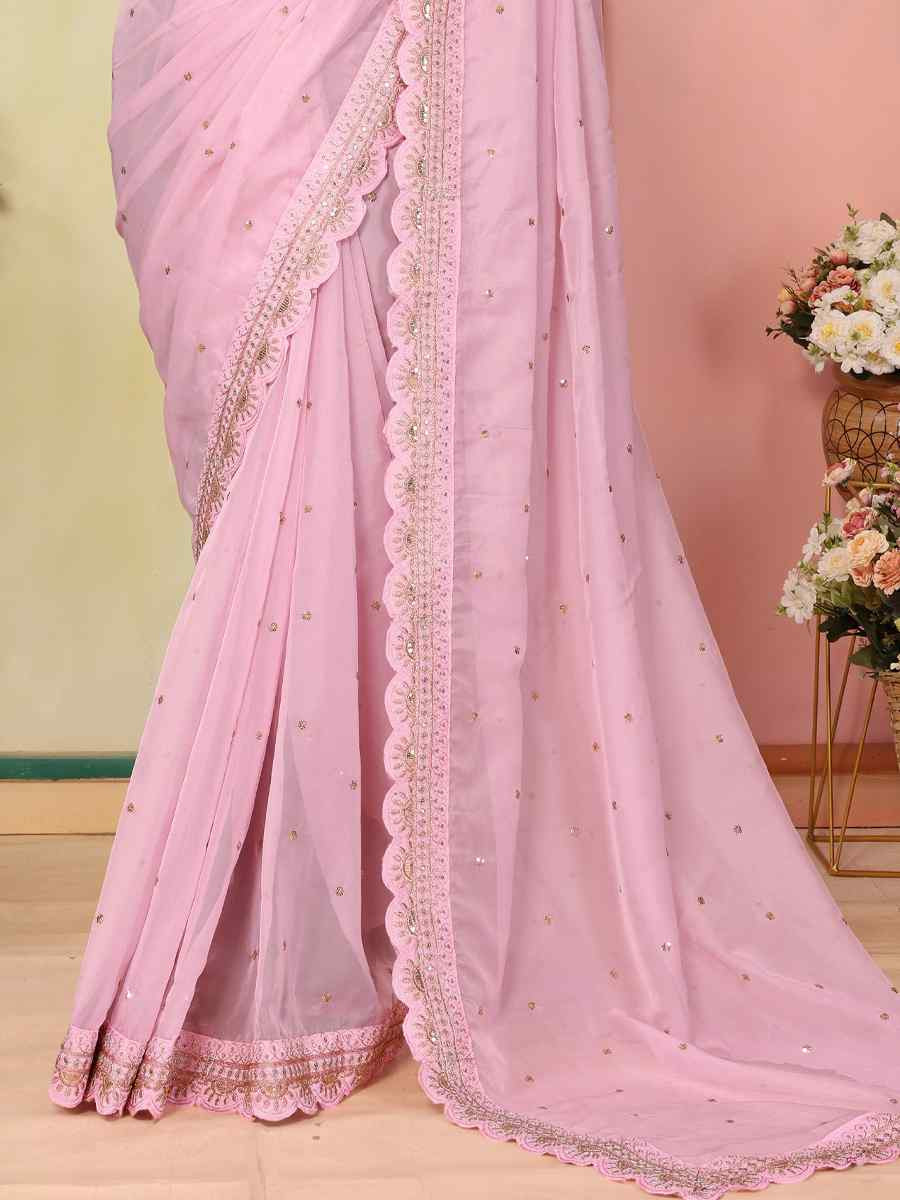 Pink Organza Embroidery Traditional Festival Reception Festival Wedding Fancy Heavy Border Saree