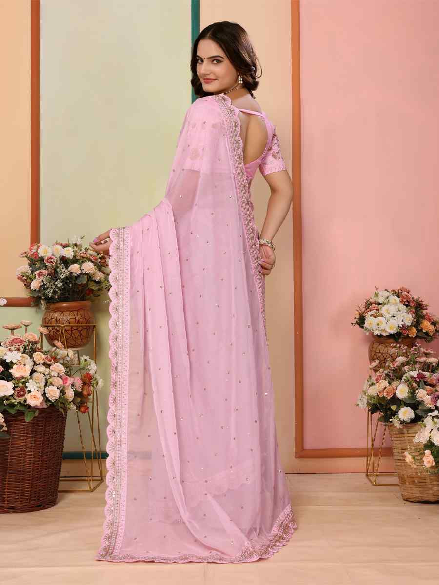 Pink Organza Embroidery Traditional Festival Reception Festival Wedding Fancy Heavy Border Saree