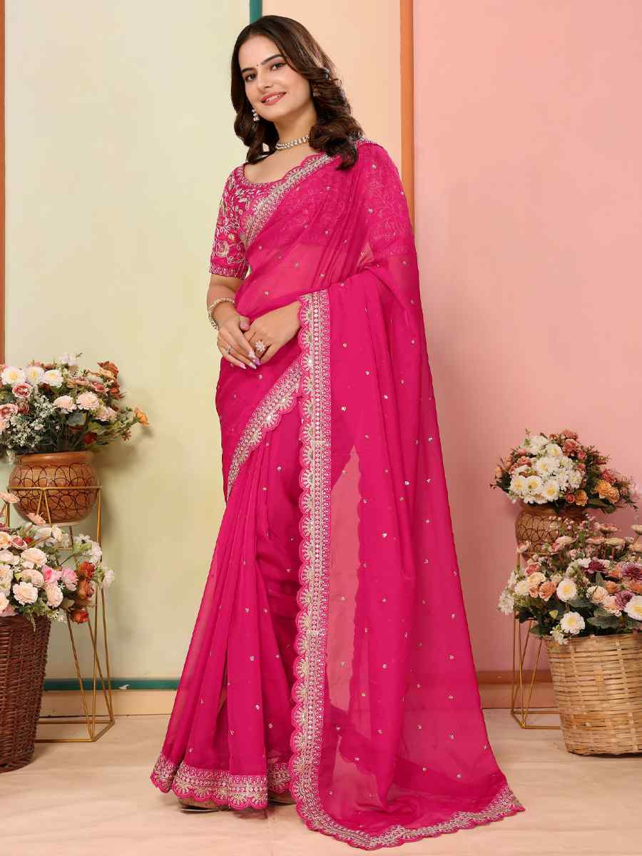 Pink Organza Embroidery Traditional Festival Reception Festival Wedding Fancy Heavy Border Saree