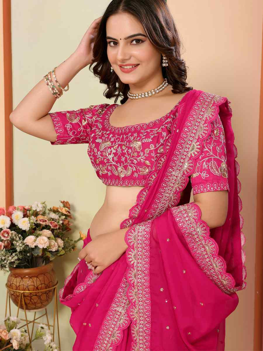 Pink Organza Embroidery Traditional Festival Reception Festival Wedding Fancy Heavy Border Saree