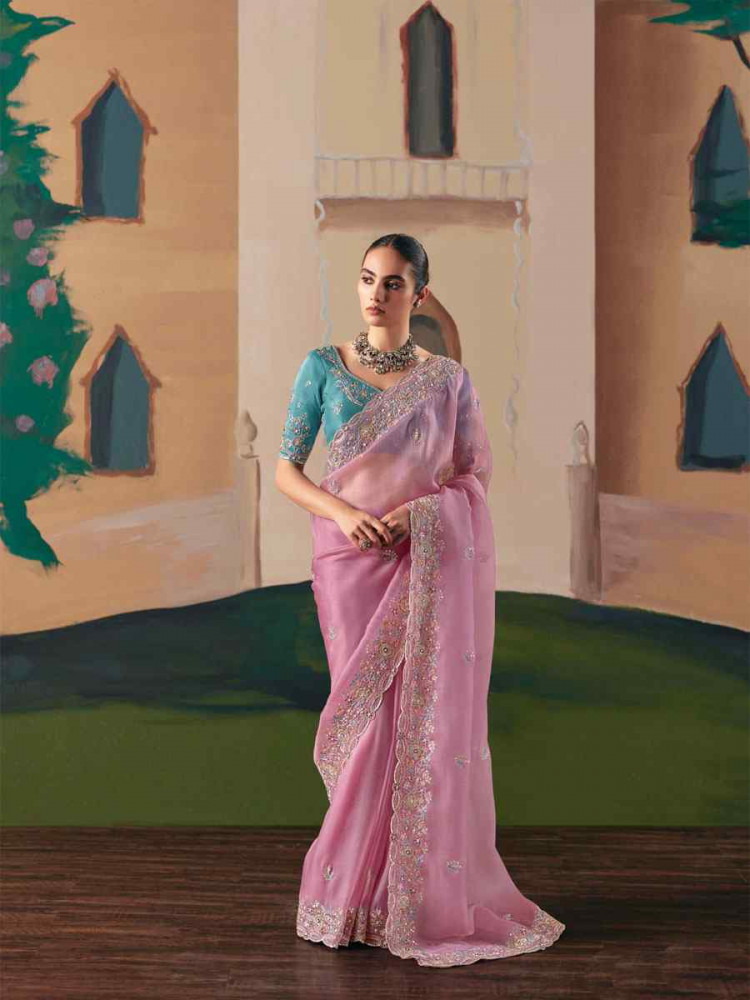 Image of Pink Organza Embroidery Zari Bridal Reception Festival Wedding Fancy Heavy Border Saree
