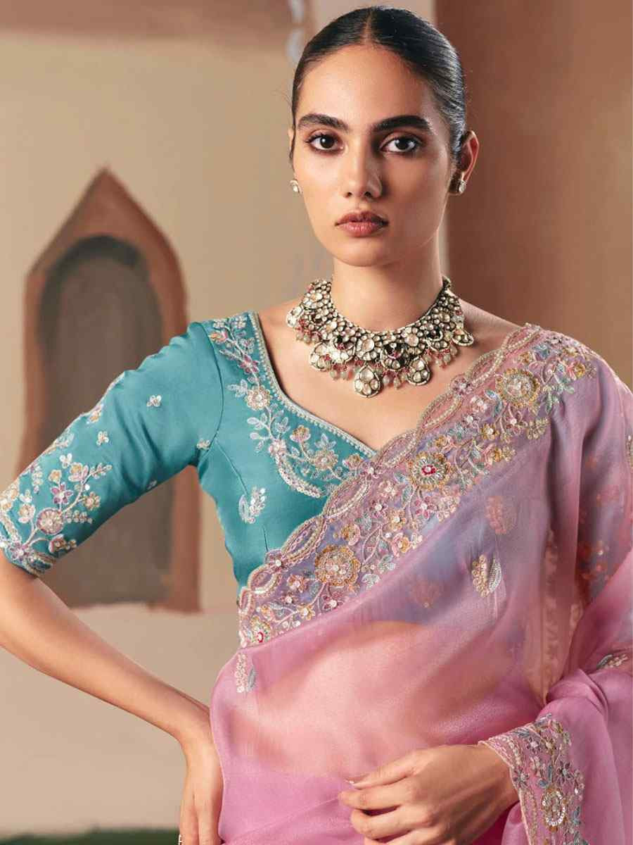 Pink Organza Embroidery Zari Bridal Reception Festival Wedding Fancy Heavy Border Saree