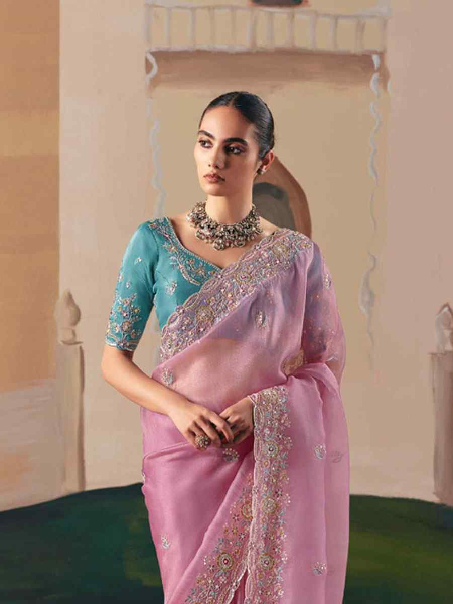 Pink Organza Embroidery Zari Bridal Reception Festival Wedding Fancy Heavy Border Saree