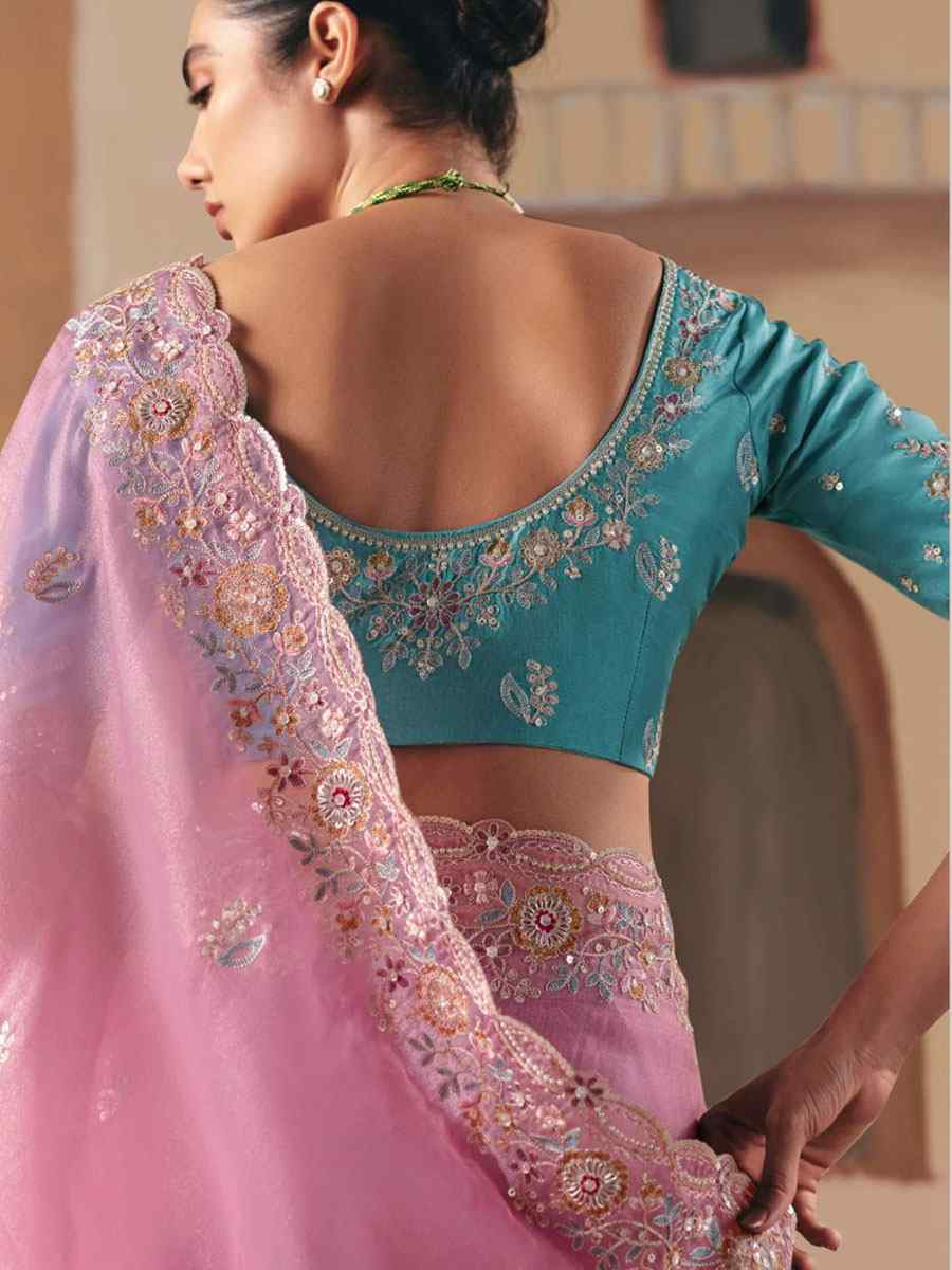 Pink Organza Embroidery Zari Bridal Reception Festival Wedding Fancy Heavy Border Saree