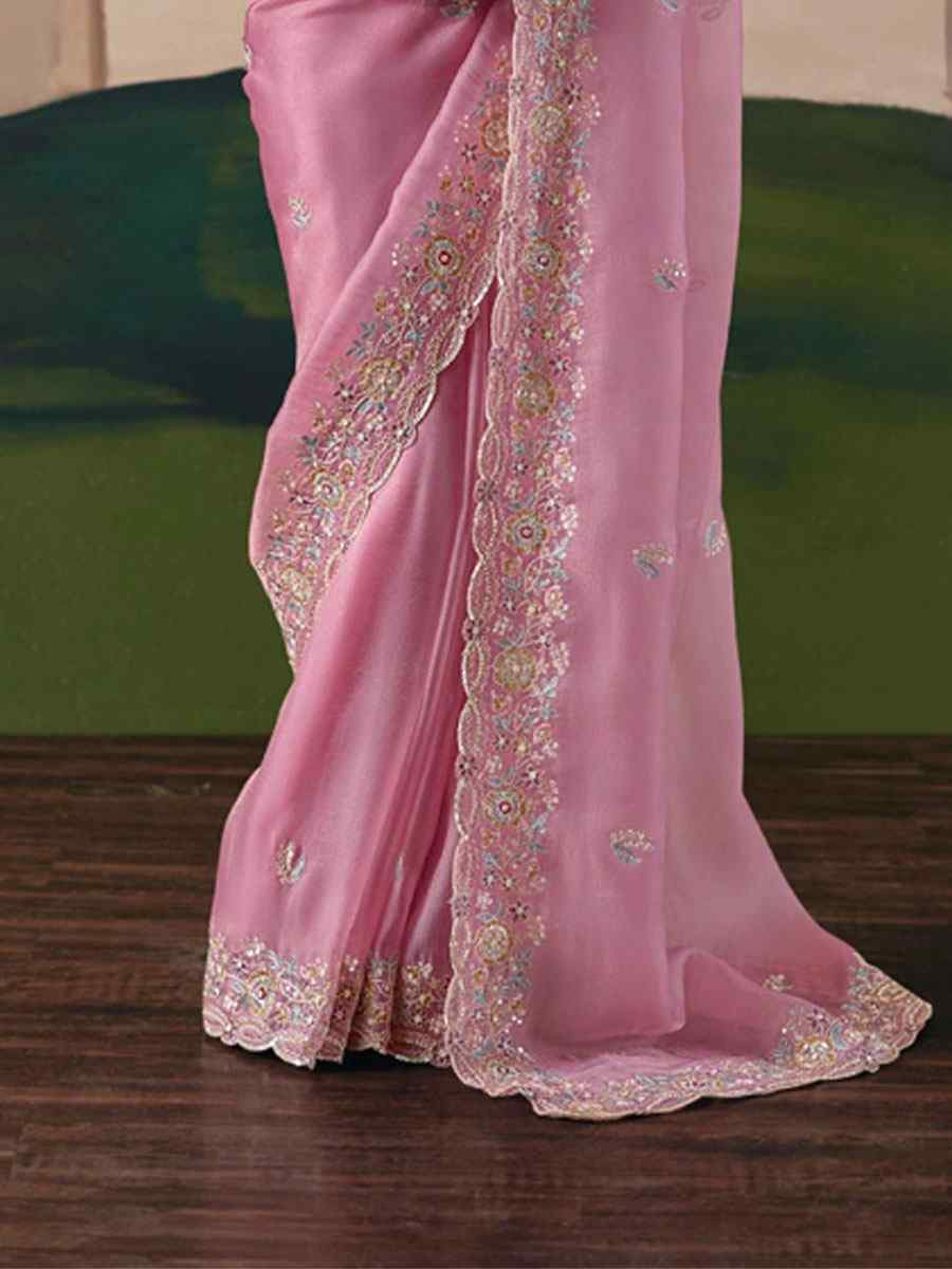 Pink Organza Embroidery Zari Bridal Reception Festival Wedding Fancy Heavy Border Saree