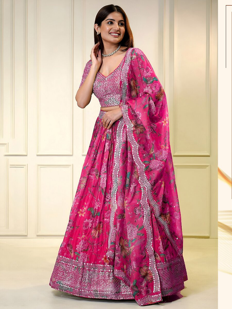 Pink Organza Embroidery Zari Sequins Floral Print Wedding Reception Party Festival Heavy Border Lehenga Choli