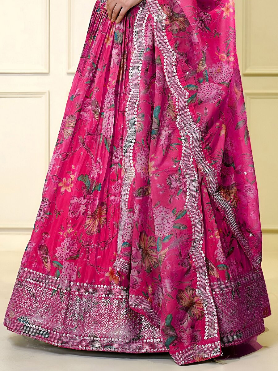 Pink Organza Embroidery Zari Sequins Floral Print Wedding Reception Party Festival Heavy Border Lehenga Choli
