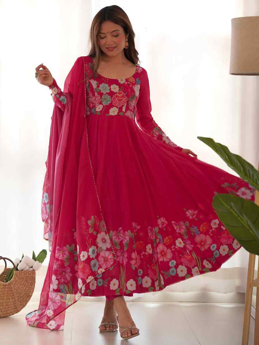 Pink Organza Floral Printed Embroidery Party Wedding Festival Casual Ready Anarkali Salwar Kameez