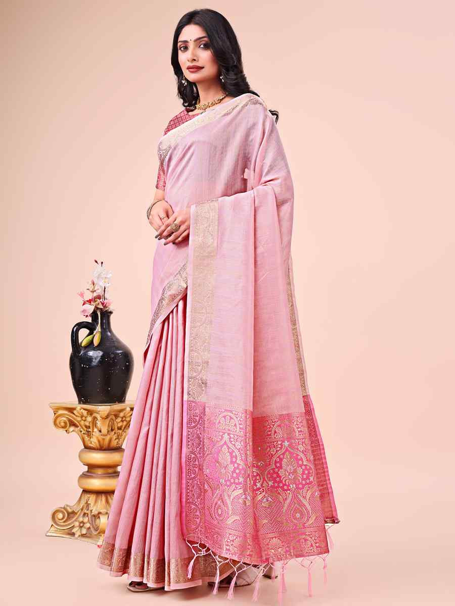 Pink Organza Handwoven Festival Wedding Fancy Heavy Border Saree