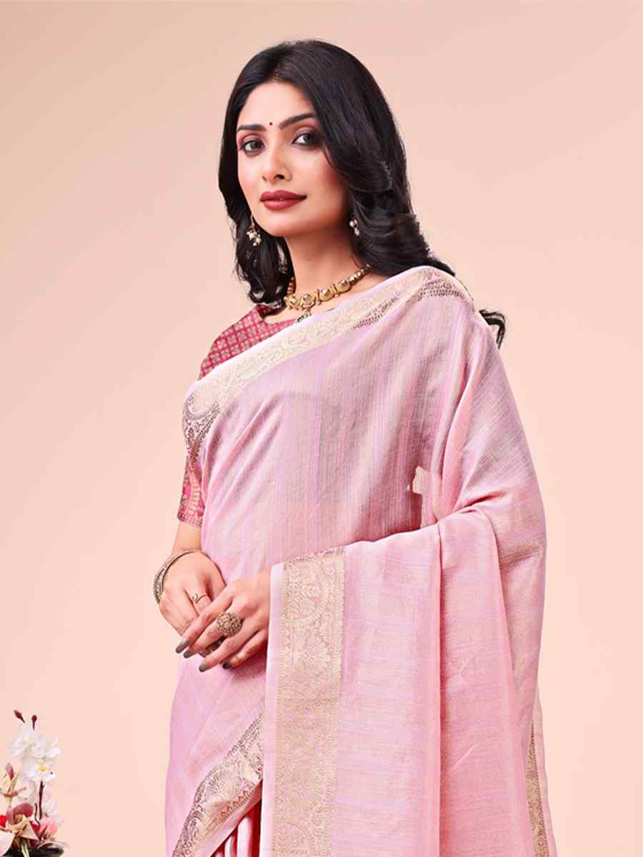 Pink Organza Handwoven Festival Wedding Fancy Heavy Border Saree