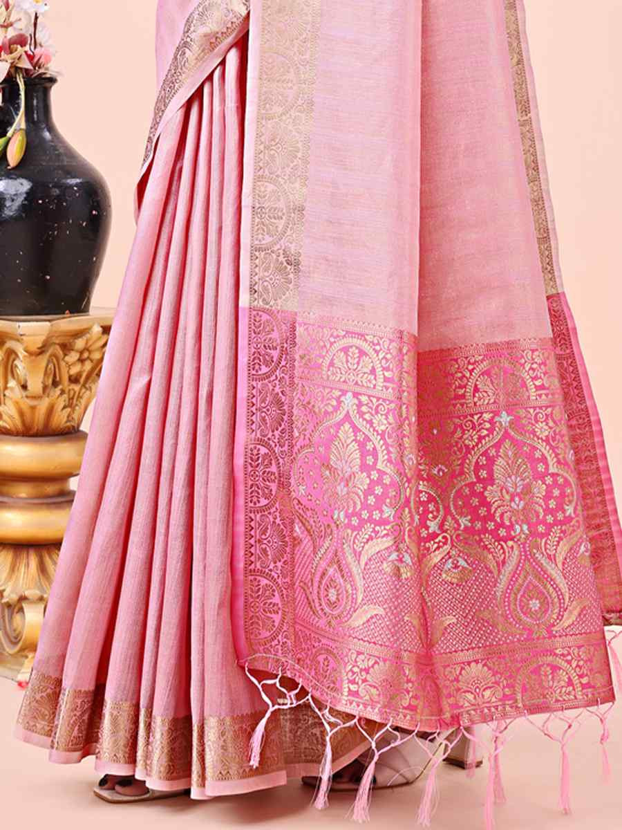 Pink Organza Handwoven Festival Wedding Fancy Heavy Border Saree