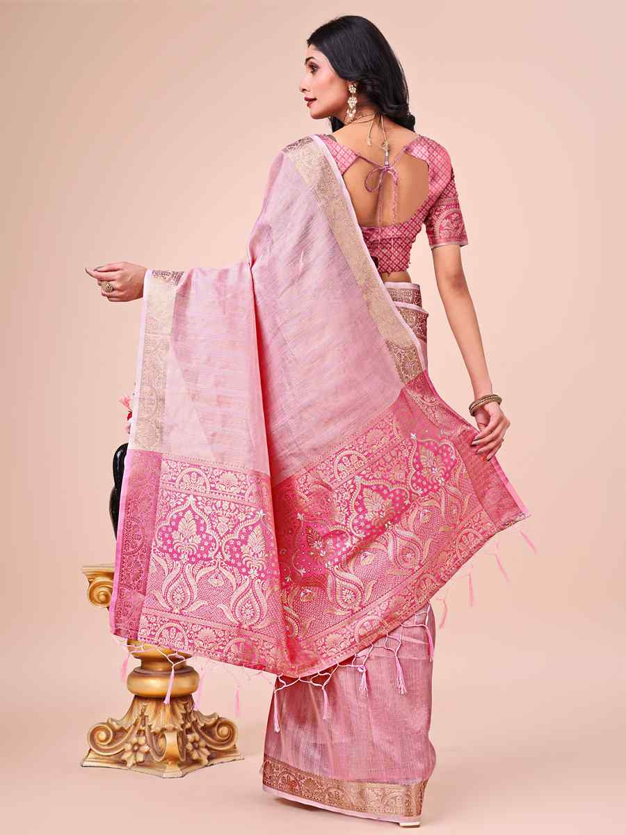 Pink Organza Handwoven Festival Wedding Fancy Heavy Border Saree