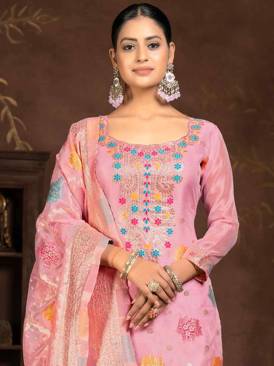 Pink Organza Jacquard Embroidered Casual Festival Pant Salwar Kameez