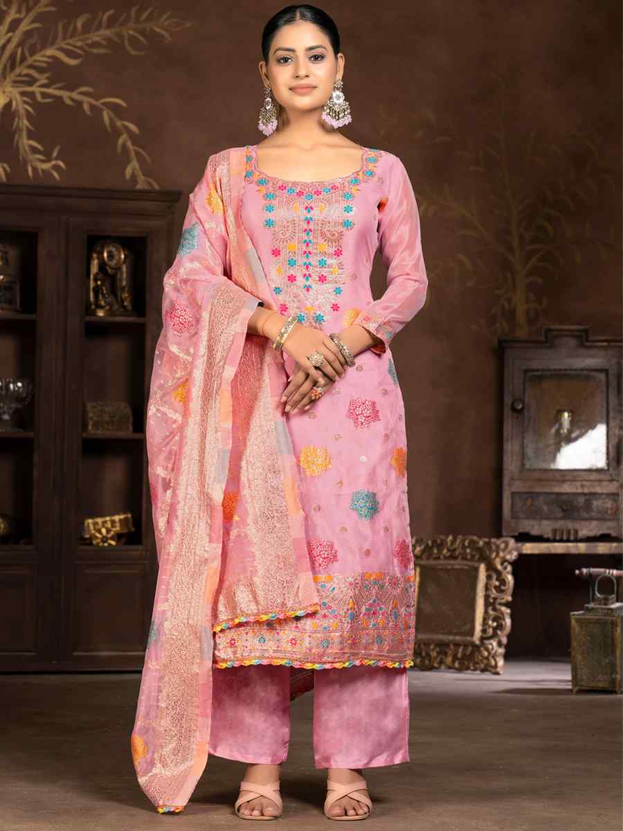 Pink Organza Jacquard Embroidered Casual Festival Pant Salwar Kameez