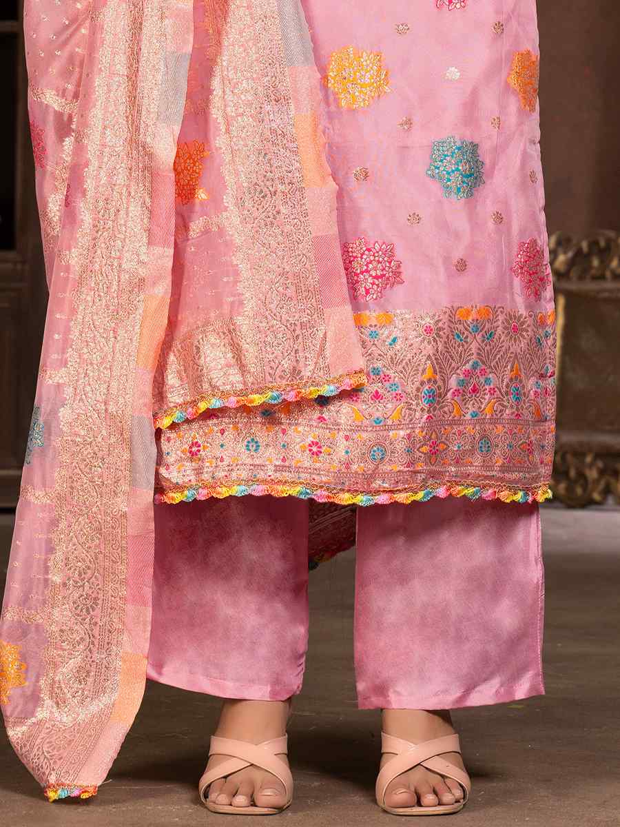 Pink Organza Jacquard Embroidered Casual Festival Pant Salwar Kameez