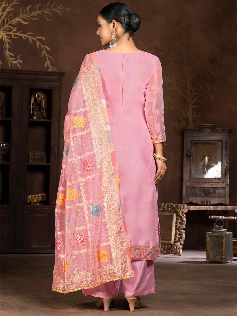 Pink Organza Jacquard Embroidered Casual Festival Pant Salwar Kameez