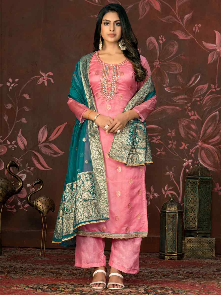 Pink Organza Jacquard Embroidered Casual Festival Pant Salwar Kameez