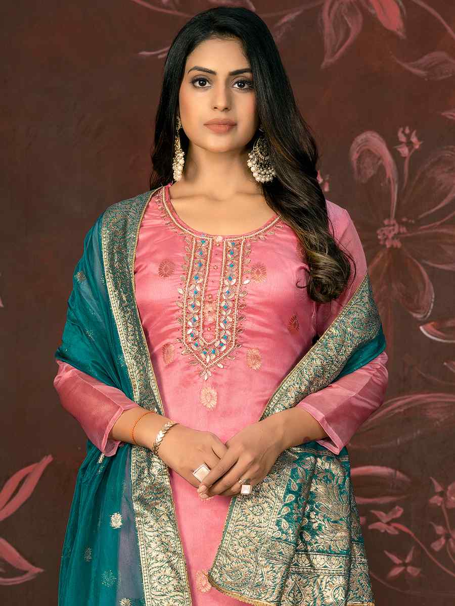 Pink Organza Jacquard Embroidered Casual Festival Pant Salwar Kameez