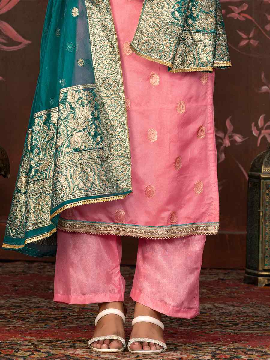 Pink Organza Jacquard Embroidered Casual Festival Pant Salwar Kameez
