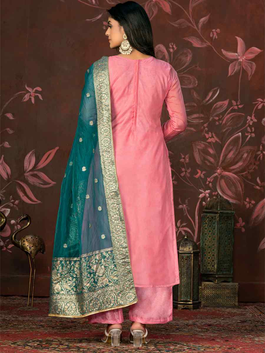 Pink Organza Jacquard Embroidered Casual Festival Pant Salwar Kameez
