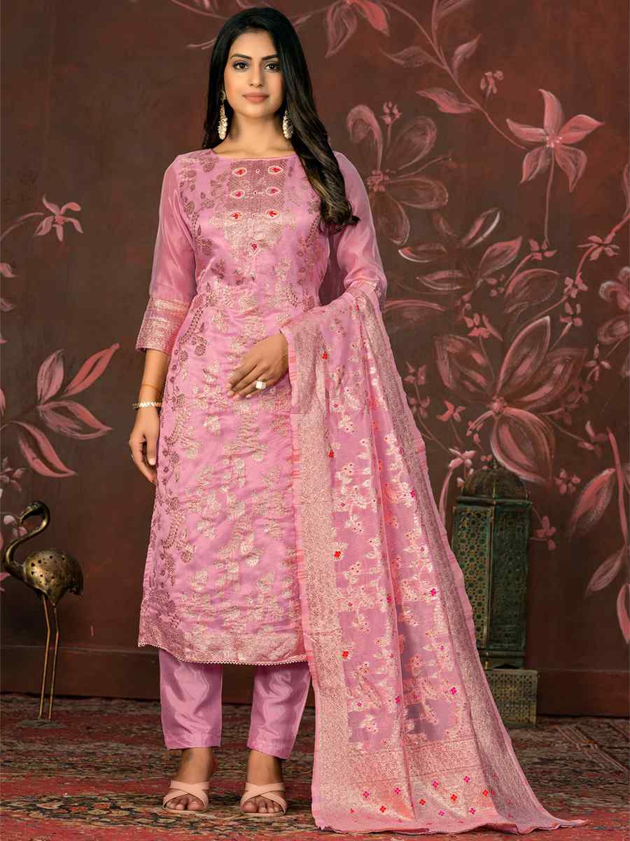Pink Organza Jacquard Embroidered Casual Festival Pant Salwar Kameez