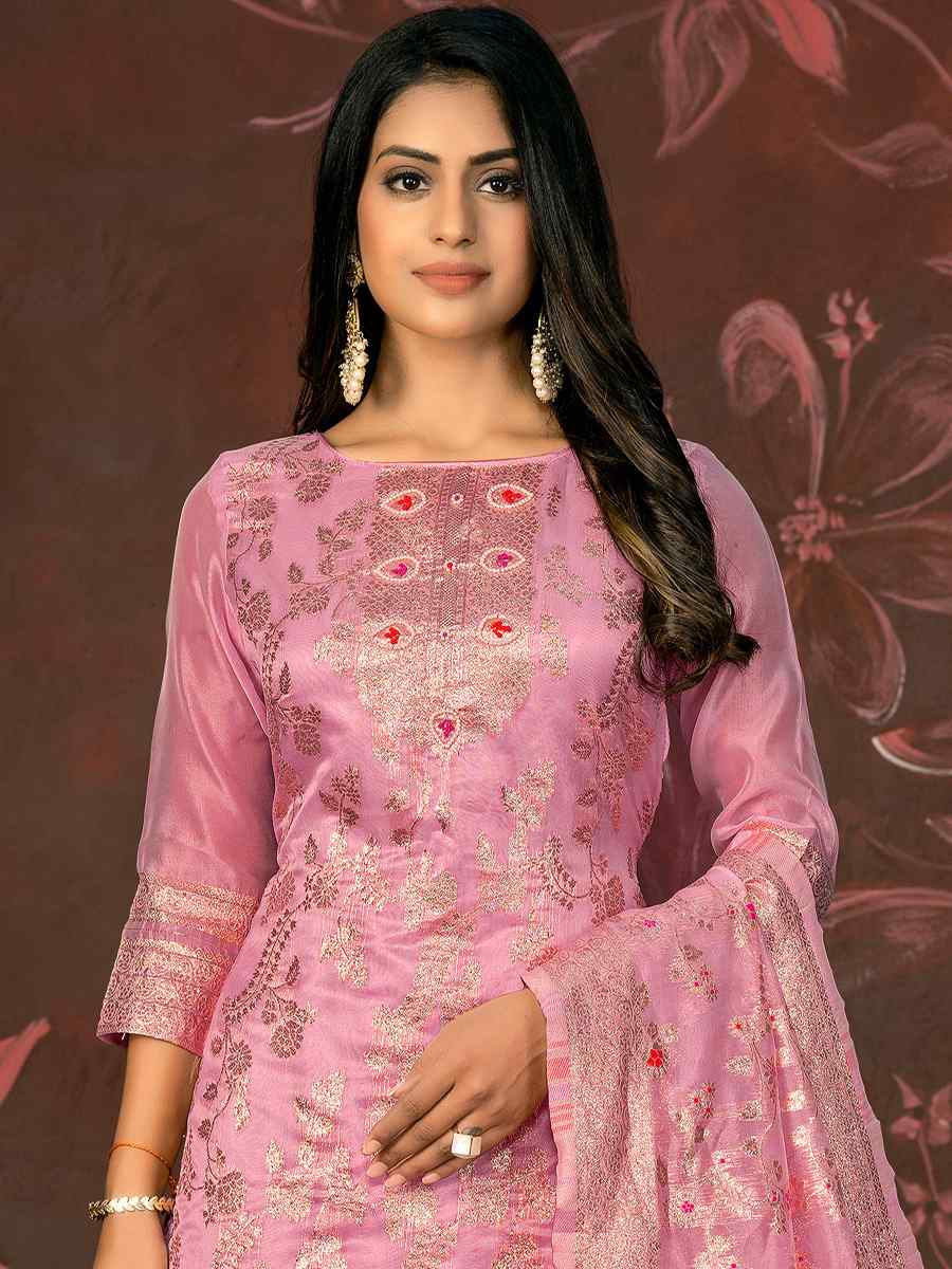 Pink Organza Jacquard Embroidered Casual Festival Pant Salwar Kameez