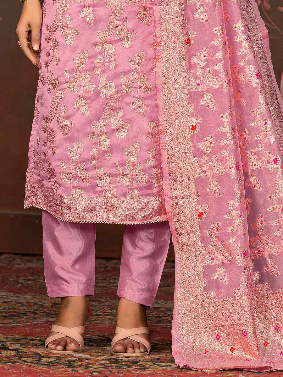 Pink Organza Jacquard Embroidered Casual Festival Pant Salwar Kameez