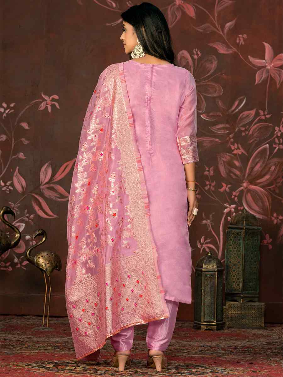 Pink Organza Jacquard Embroidered Casual Festival Pant Salwar Kameez