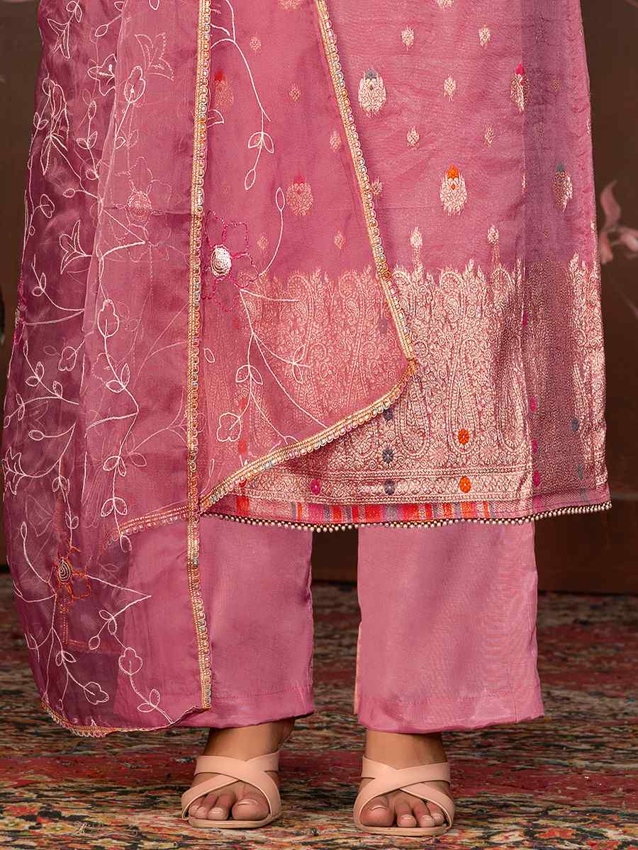 Pink Organza JacquardEmbroidered Casual Festival Pant Salwar Kameez