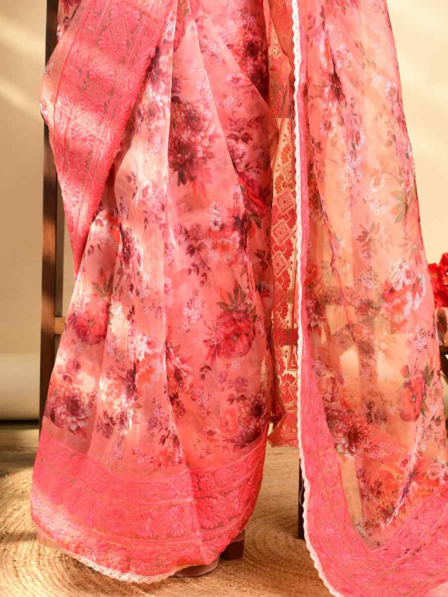 Pink Organza Printed Casual Festival Contemporary Saree