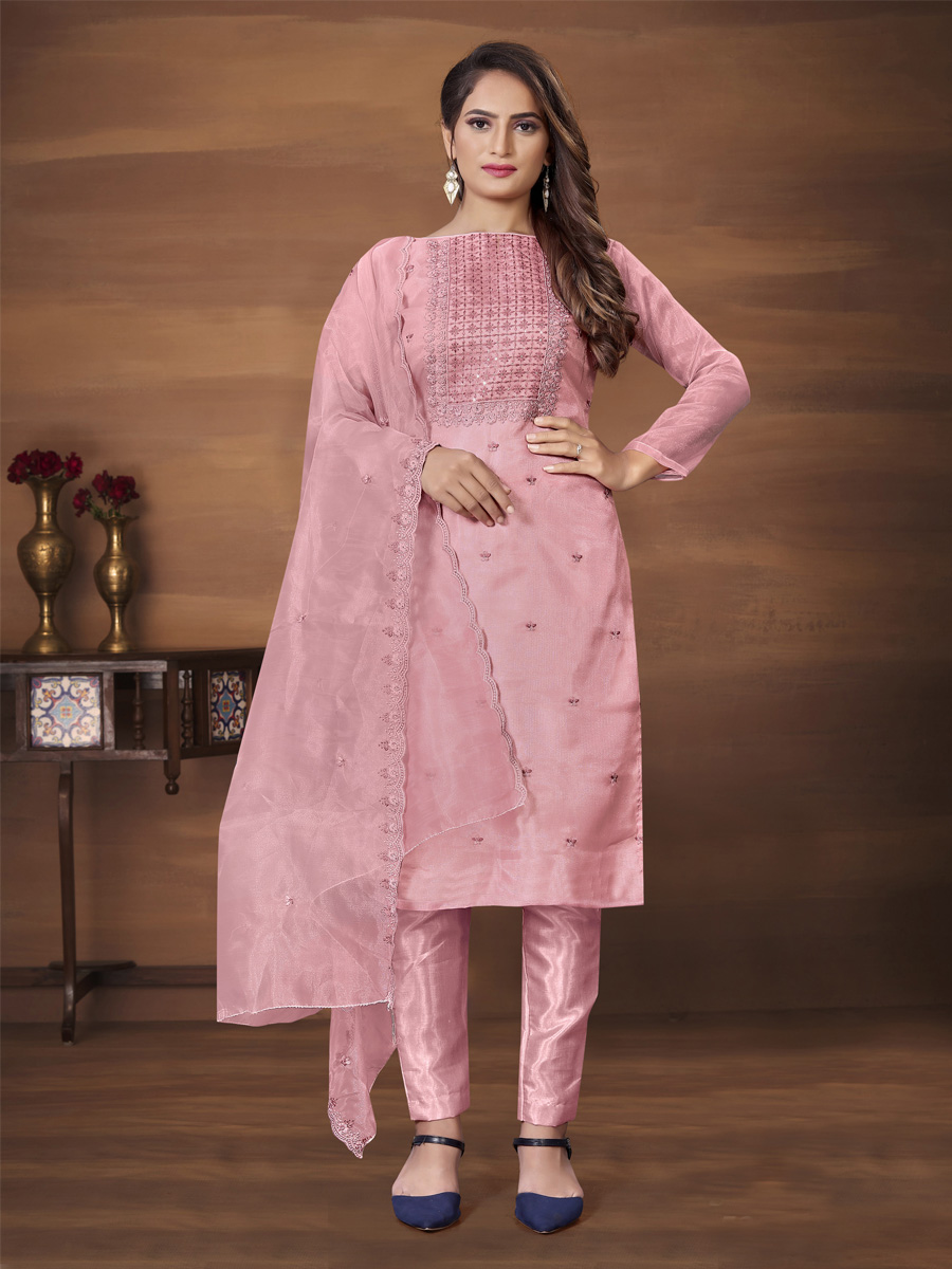 Pink Organza Printed Casual Festival Pant Salwar Kameez