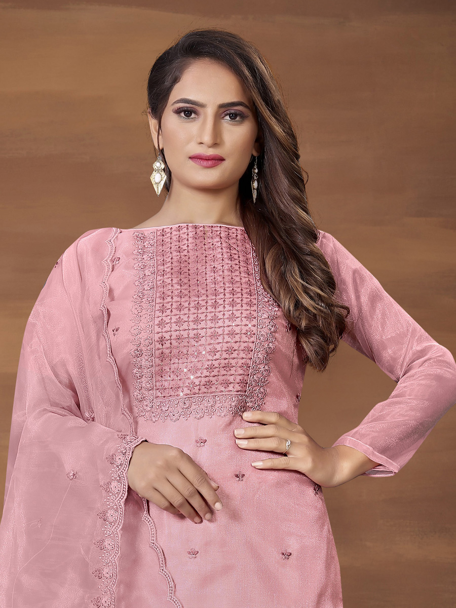 Pink Organza Printed Casual Festival Pant Salwar Kameez
